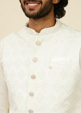 alt message - Manyavar Men Warm White Grid Patterned Nehru Jacket image number 1